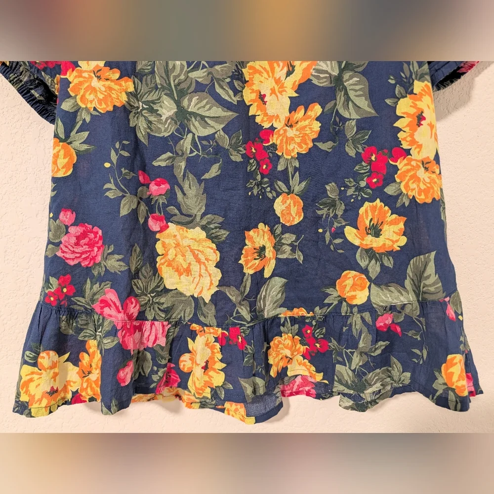 Navy Colorful Floral Cotton Boat Neck Puff Sleeve Relaxed Blouse M Resortwear - Picture 5 of 11